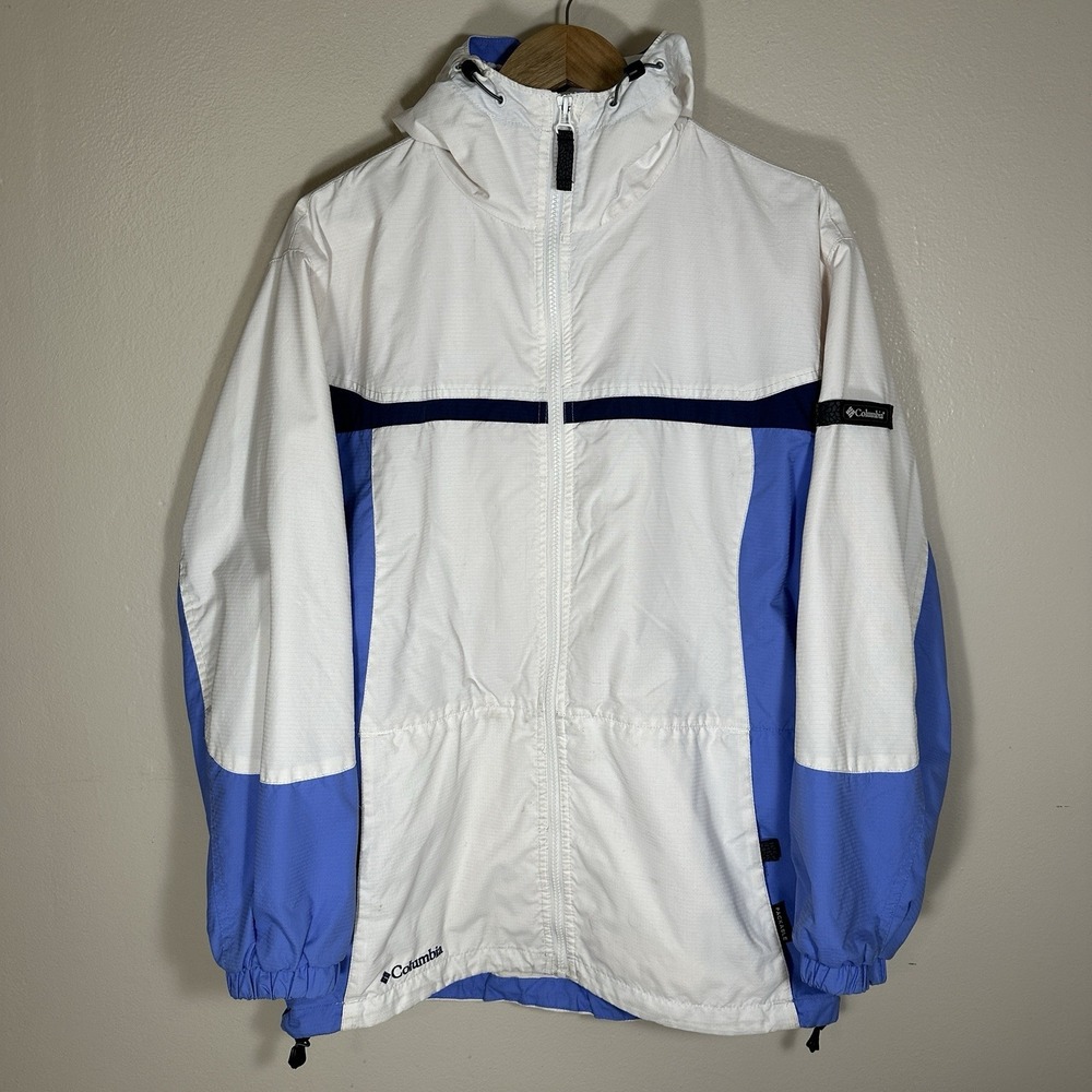 Columbia Women's M Windbreaker White Blue Packable Hooded Jacket